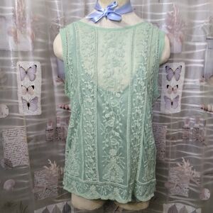 NWTSundance Embroidered Floral Sheer Mint Green Lace Boho Sleeveless Top Lined L